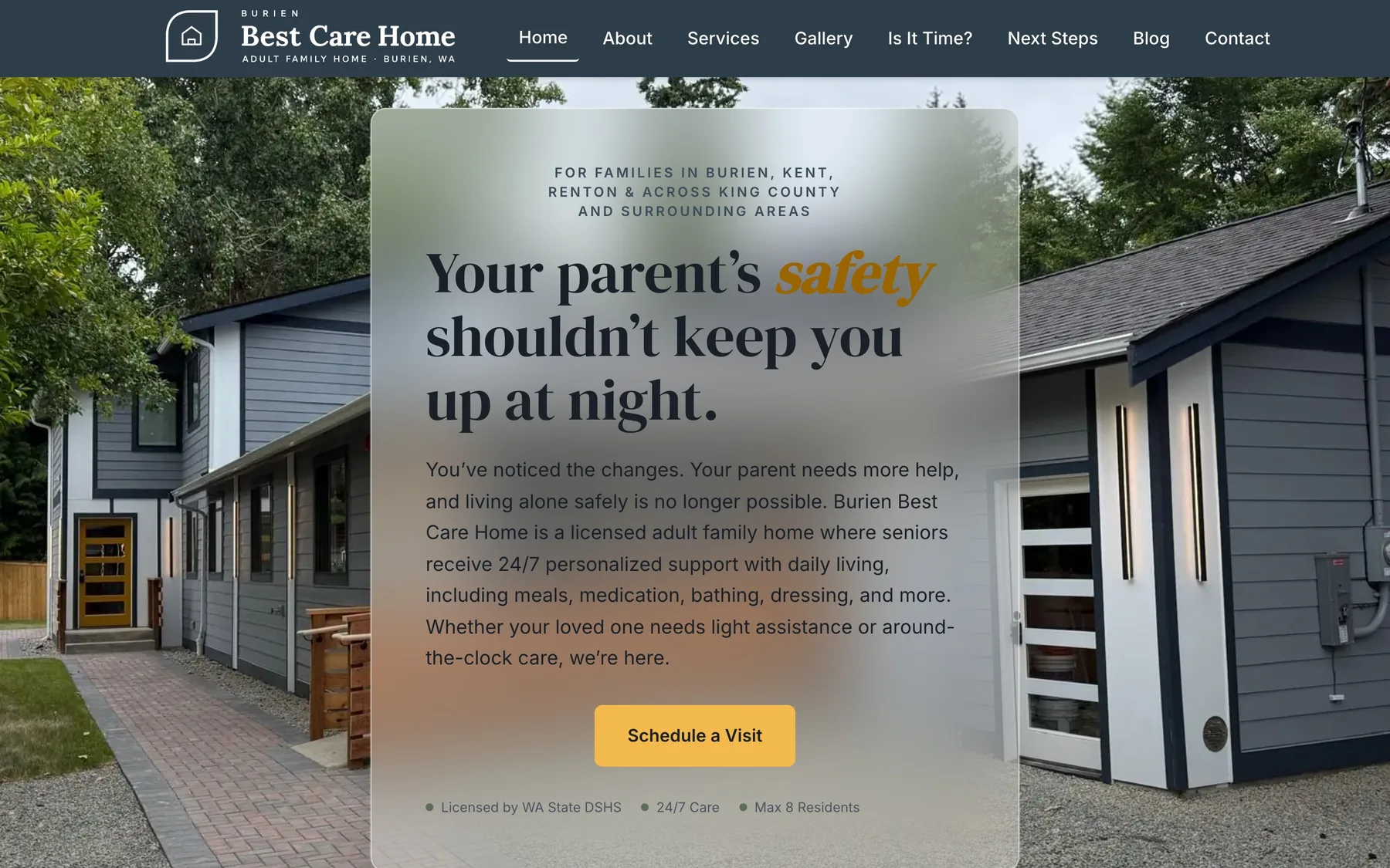 The homepage of burienbestcarehome.com: Your parent’s safety shouldn’t keep you up at night.