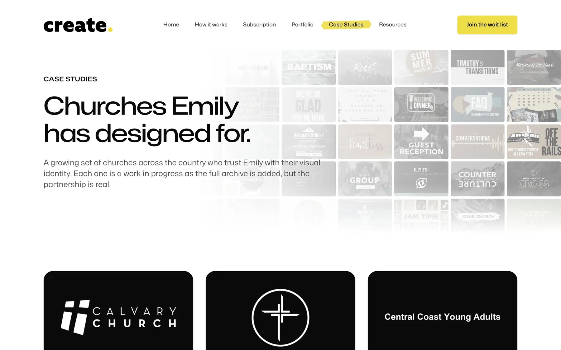 The churches page on createchurchmedia.com: Churches Emily has designed for, with Calvary Church and Central Coast Young Adults among them.
