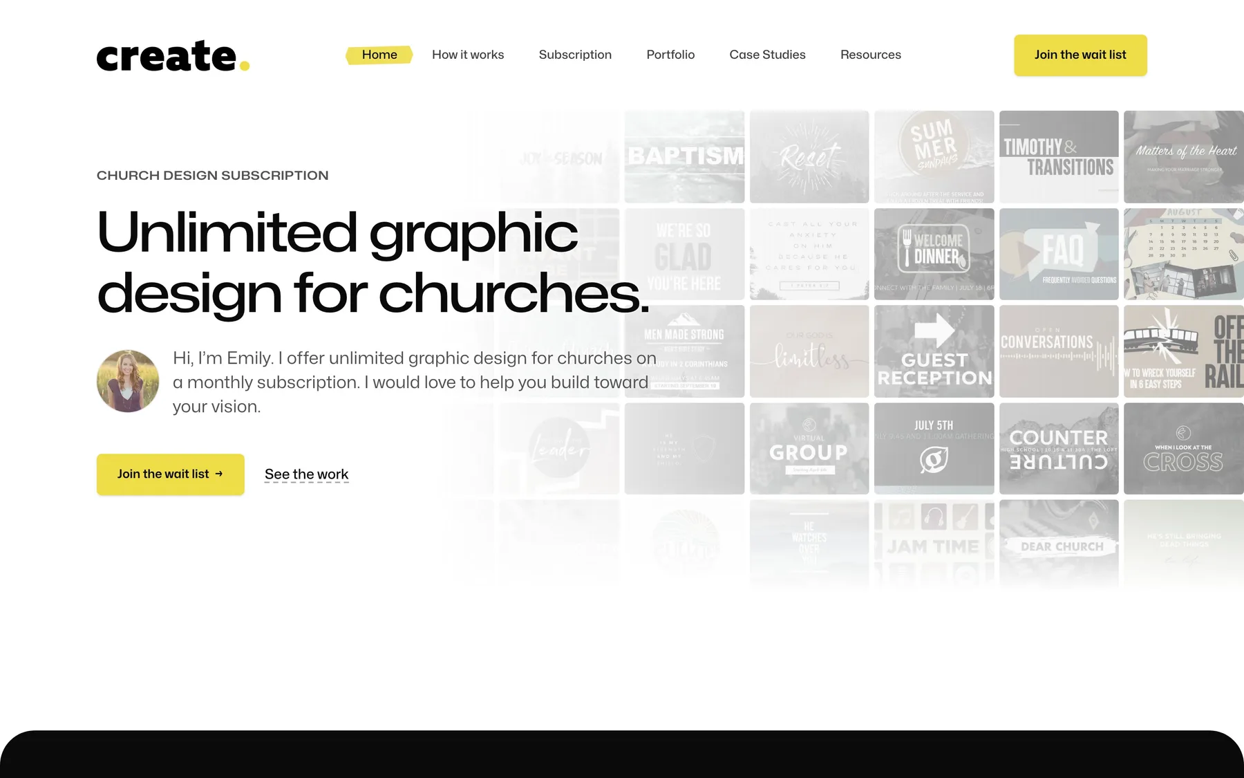 The homepage of createchurchmedia.com: Unlimited graphic design for churches, with a wall of sermon series art behind the headline.