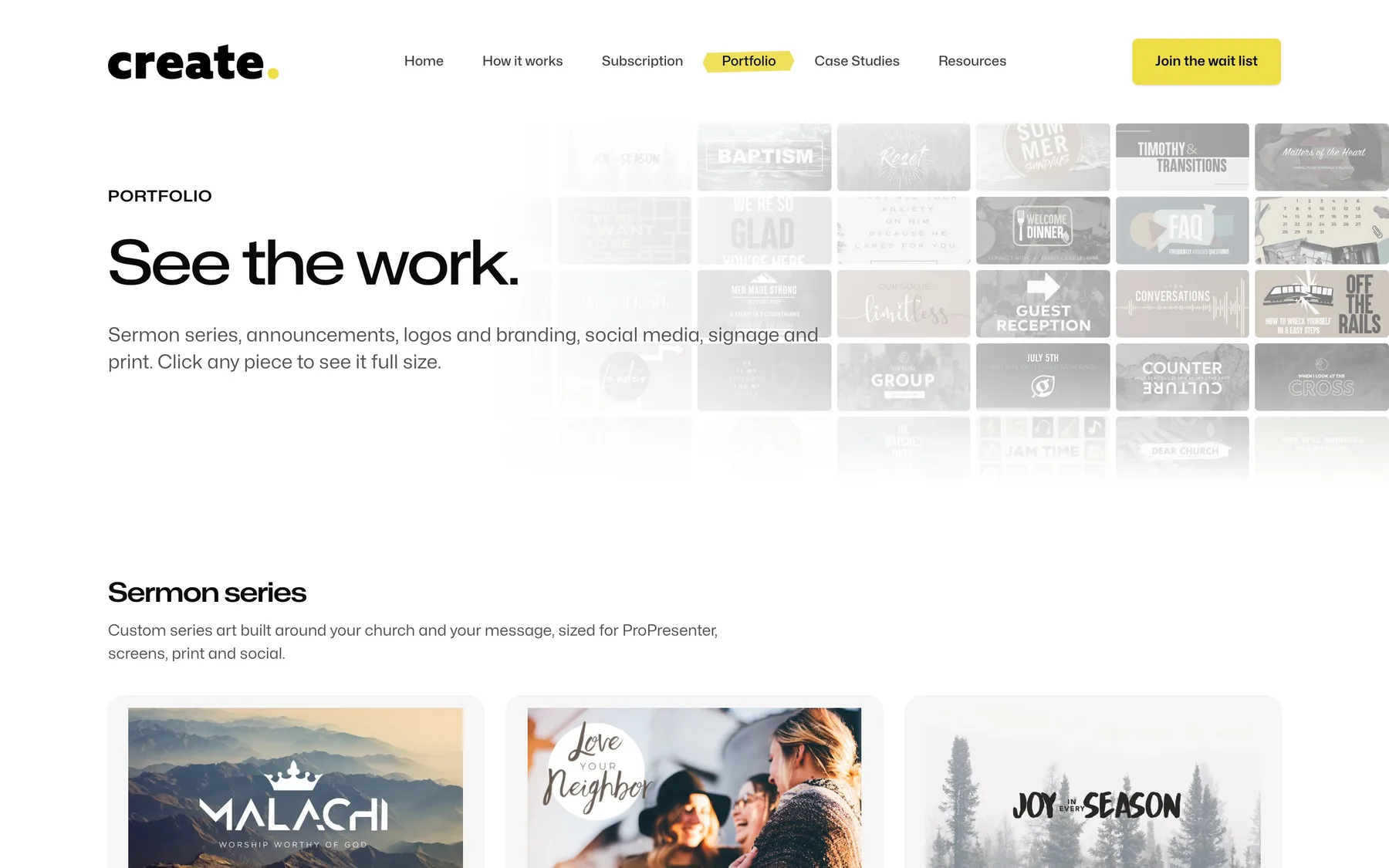 The portfolio on createchurchmedia.com: See the work, with sermon series art for Malachi, Love Your Neighbor and Joy in Every Season.