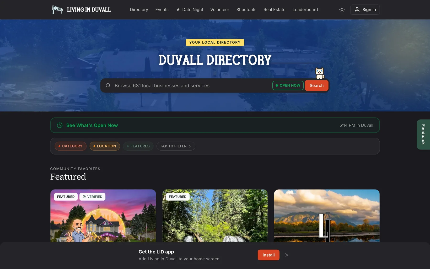 The Duvall Directory on livinginduvall.com, with a search across the town’s businesses and services.