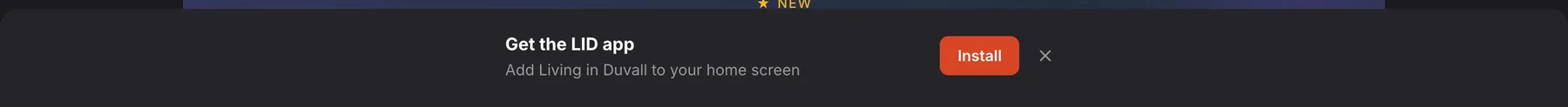 The install prompt on livinginduvall.com: Get the LID app. Add Living in Duvall to your home screen.