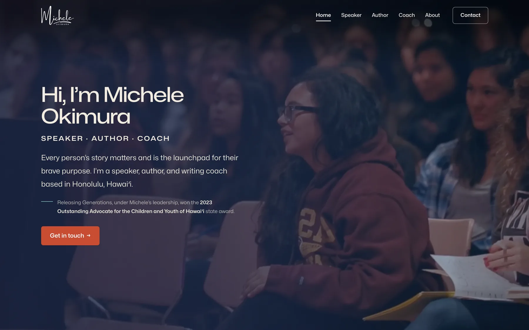 The homepage of micheleokimura.com: Hi, I’m Michele Okimura. Speaker, author, coach.