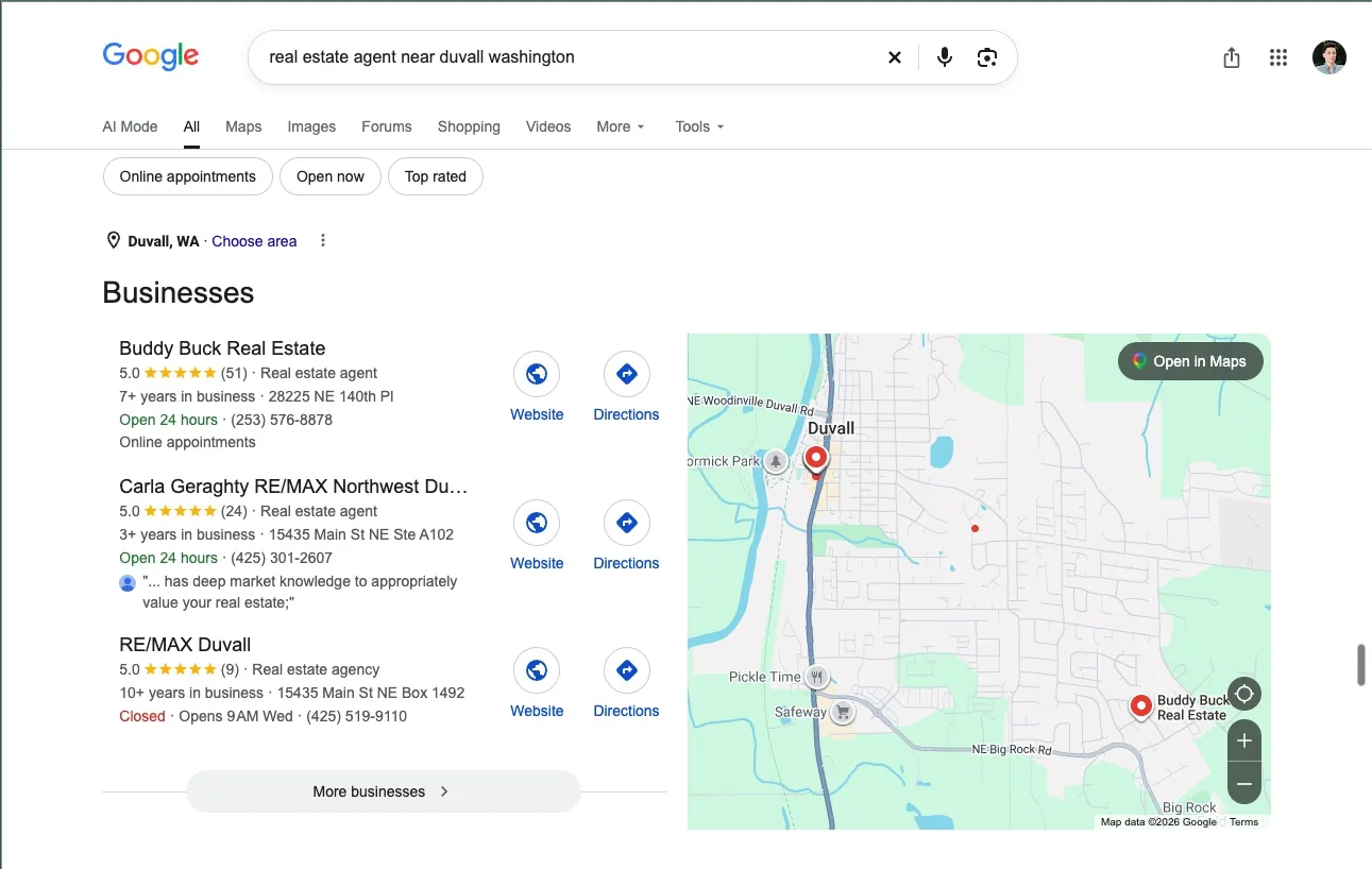 Google results for real estate agent near Duvall Washington, with Buddy Buck Real Estate first in the Map Pack